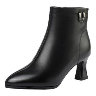 小码短靴女2024秋冬新款31 32 33真皮高跟尖头气质加绒保暖女靴子