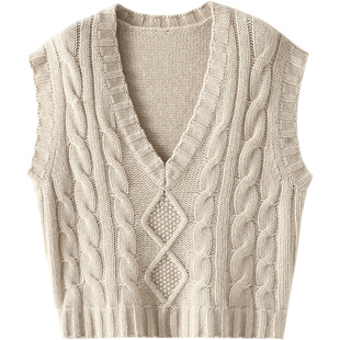 启超100%纯山羊绒衫羊绒针织马甲背心女外穿加厚宽松坎肩V领
