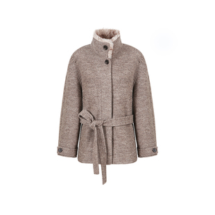 范洛Fano 松弛质感70绵羊毛蓬松杂驼拼毛领单面呢外套女大衣冬季