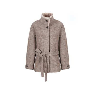 范洛Fano 松弛质感70绵羊毛蓬松杂驼拼毛领单面呢外套女大衣冬季