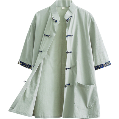 男青年薄款复古立领衬衣半袖唐装