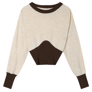 白鹿语名媛风撞色拼接针织衫25秋冬新款高级感收腰显瘦打底衫毛衣