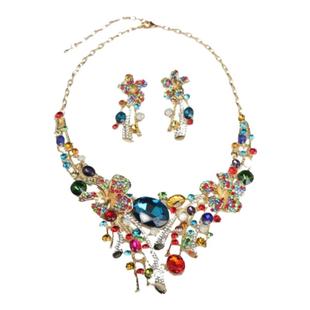 欧美夸张彩色水晶锁骨链套装女奢华宝石新娘礼服宴会服饰首饰套链