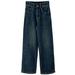 清仓特价 开叉高腰显瘦加厚加绒直筒牛仔裤女冬季裤子窄版阔腿裤