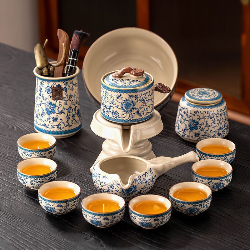 新款青花汝窑自动茶具套装家用轻奢高档整套石磨茶壶懒人泡茶神器