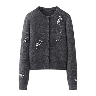 艾诺丝尚忆2025冬新款手工钉珠亮片开衫女灰色针织衫毛衣上衣4113