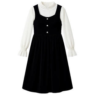 秋水伊人休闲方领珍珠装饰套装2026年春季新款柔美收腰A摆两件套