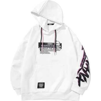 情侣白色潮连帽抽绳卫衣男女同款