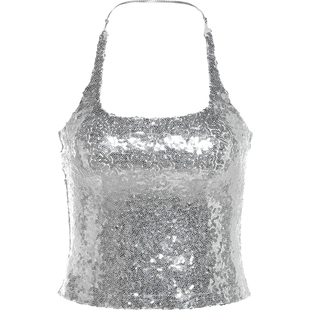 KLIOU 个性辣妹风爆银色亮片爆闪挂脖背心女性感修身显瘦露背上衣