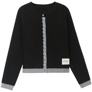 羊绒针织衫开衫女小个子春秋新款蕾丝圆领上衣高腰短款毛衣小外套