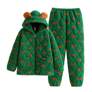 悦内睡衣女款秋冬季冬款三层加厚夹棉袄珊瑚绒加绒家居服冬天保暖