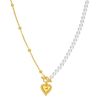 周六福珍珠项链女爱心链坠贝珠S925银黄金色复古情人节礼物