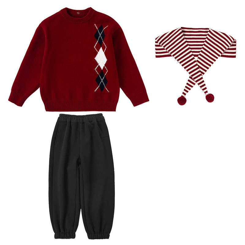元旦儿童合唱演出服幼儿园红色毛衣套装小学生诗歌朗诵表演服装冬