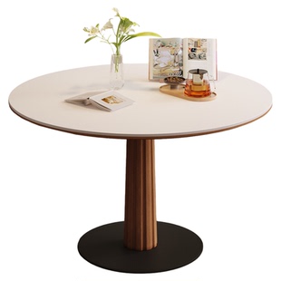 德利丰实木岩板餐桌莫奈花园全托中古风复古小户型圆形饭桌洽谈桌