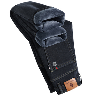 啄木鸟加厚牛仔裤男士冬季加绒保暖中年爸爸直筒宽松休闲弹力长裤