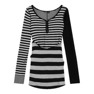 OPEN YY 26春夏新款女士可叠穿中长条纹连衣裙T恤上衣银泰百货