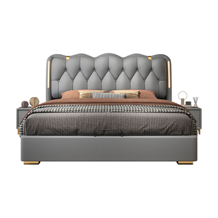 意式真皮床主卧2米x2米2大床现代简约1.8米软包皮艺实木储物婚床