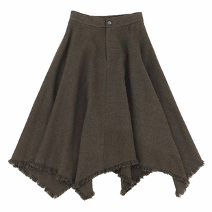 精分 像被风吹散的枯叶边缘 薄呢不规则须边复古半身裙高腰中长款