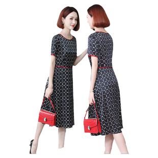 新款高档杭州真丝连衣裙女重磅中老年妈妈印花大牌桑蚕丝裙子夏季