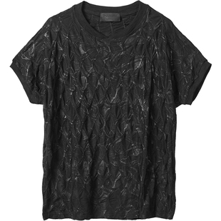 颓废元素废土风T恤三宅一生褶皱设计短袖男夏青春流行休闲宽松黑