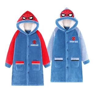 迪士尼美国队长儿童秋冬法拉绒连帽浴袍睡袍蜘蛛侠男童家居服