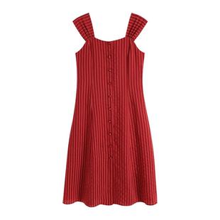 弥古红色条纹连衣裙女高级感海边度假沙滩裙夏季波西米亚吊带长裙