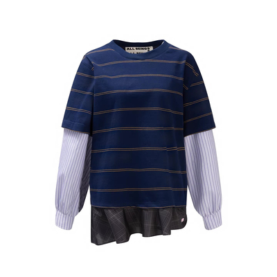 ALL BEINGS2026SS春季新品设计感休闲 叠穿视觉衬衣袖拼接下摆T恤