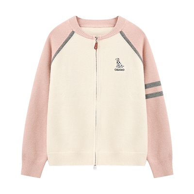 Basic House/百家好撞色双头拉链针织开衫女2025秋冬刺绣毛衣外套