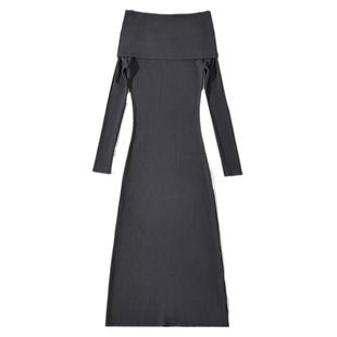 怪力酱 一字肩针织连衣裙女春秋高级感绝美露肩长袖修身包臀长裙