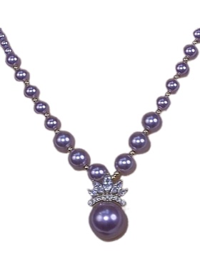 法式奢华紫色珍珠皇冠项链女气质紫罗兰王妃毛衣链小众高级感坠链