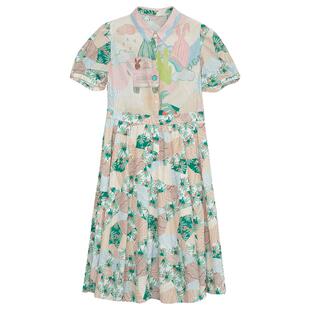 谜底碎花连衣裙短袖女年夏款文艺风主题印花中长裙242ML0617