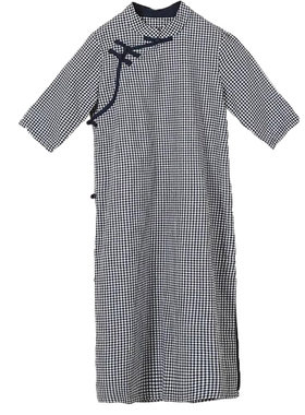 复古旗袍女夏棉麻格子半袖连衣裙