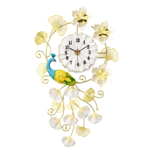 时尚孔雀花卉挂钟客厅装饰创意大气钟表铁艺壁挂式家用时钟高级感