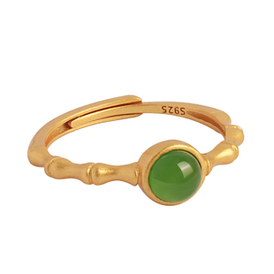 和田玉碧玉纯银古法金竹节戒指女国风金镶玉小众设计金包银绿宝石