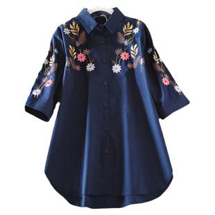 大女主风衬衫中长款绣花宽松直筒中国风翻领棉质大码七分袖上衣女