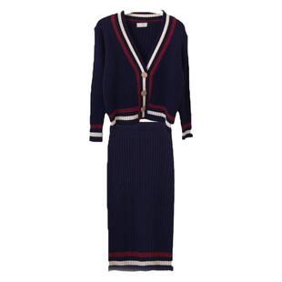 韩国chic秋冬气质V领镶边撞色针织开衫毛衣+高腰中长款包臀半身裙