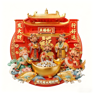 新年招财进宝金属浮雕冰箱贴3d创意装饰品五福临门磁吸卡片定制