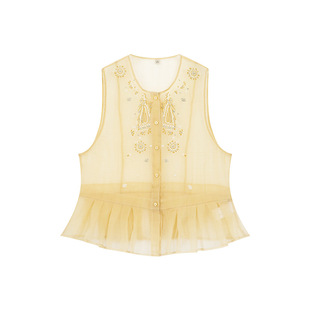 一城画一夏季文艺休闲马夹下摆收褶绣花桑蚕丝短款马甲女