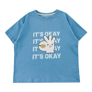 幼悠 男童2025新款手语字母印花短袖t恤夏季流行宽松圆领儿童上衣