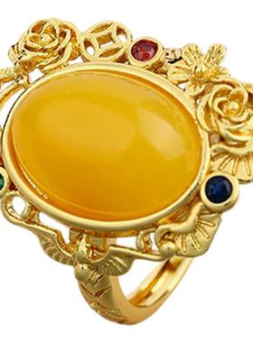 2025夏新款保色镀金镂空仿琥珀蜜蜡中国风旗袍汉服宫廷设计戒指女
