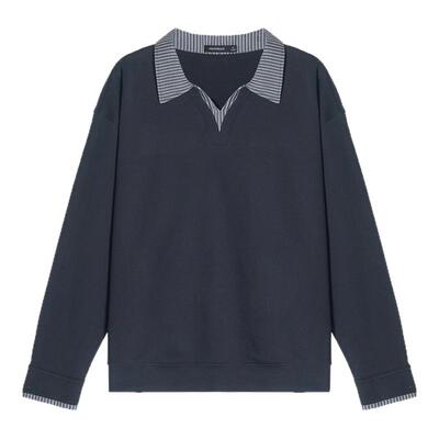 Unvesno(UN)轻休闲自发热条纹衬衫领假两件V领抓绒保暖卫衣