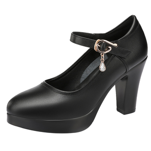 真皮旗袍走秀高跟鞋模特T台防水台女粗跟单鞋中跟工作鞋中年皮鞋