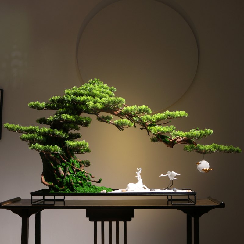 新中式仿真迎客松盆景绿植摆件玄关办公室家居茶室酒店招财装饰品