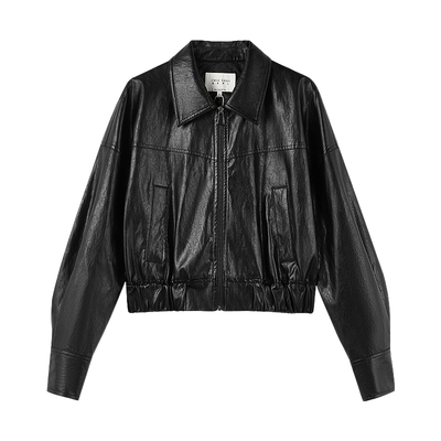 秋水伊人黑色皮衣外套女翻领上衣