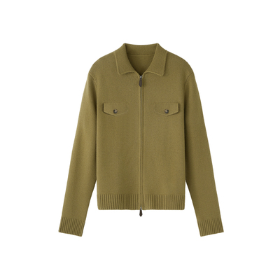 100绵羊毛polo领双开拉链针织衫