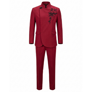 新中式男装中国风刺绣立领中山装新郎结婚敬酒服男士正装西服套装