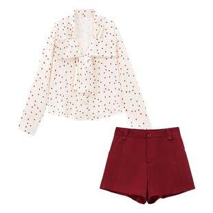 复古港风红色波点衬衫套装女春季新款设计感蝴蝶结衬衣长袖上衣女