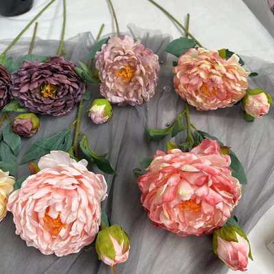 新品 焦边牡丹仿真花复古风拍照家居装饰花烤边芍药绢花油画牡丹