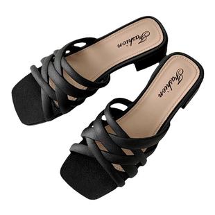 拖鞋女士夏天外穿新款简约交叉细带一字拖粗跟中跟沙滩露趾凉鞋女