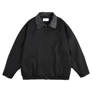 黑色纯棉翻领夹克男春季新款男款美式复古拼接皮领宽松上衣外套